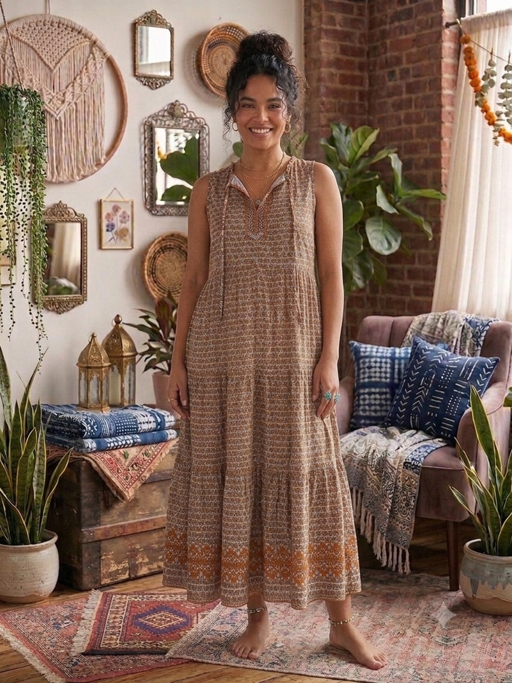 Max Studio Brown Printed Sleeveless Tiered Maxi Dress